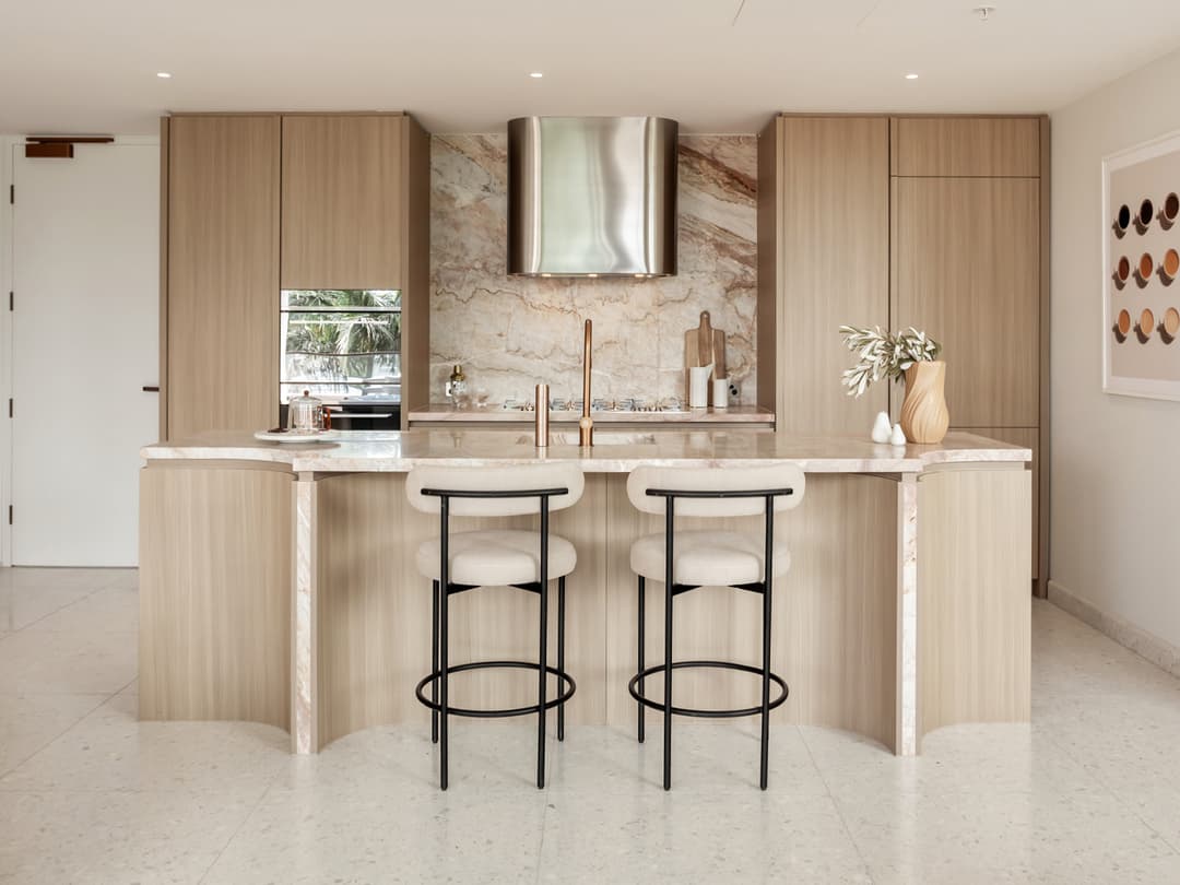 Kitchen island with marble waterfall benchtop