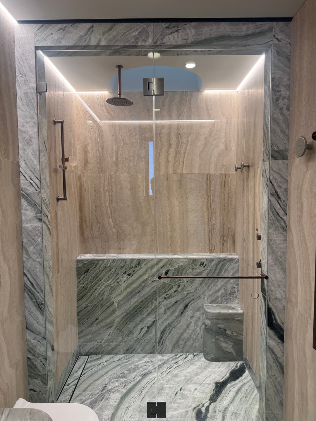 Complete marble bathroom renovation with professional caulking overview in Mosman