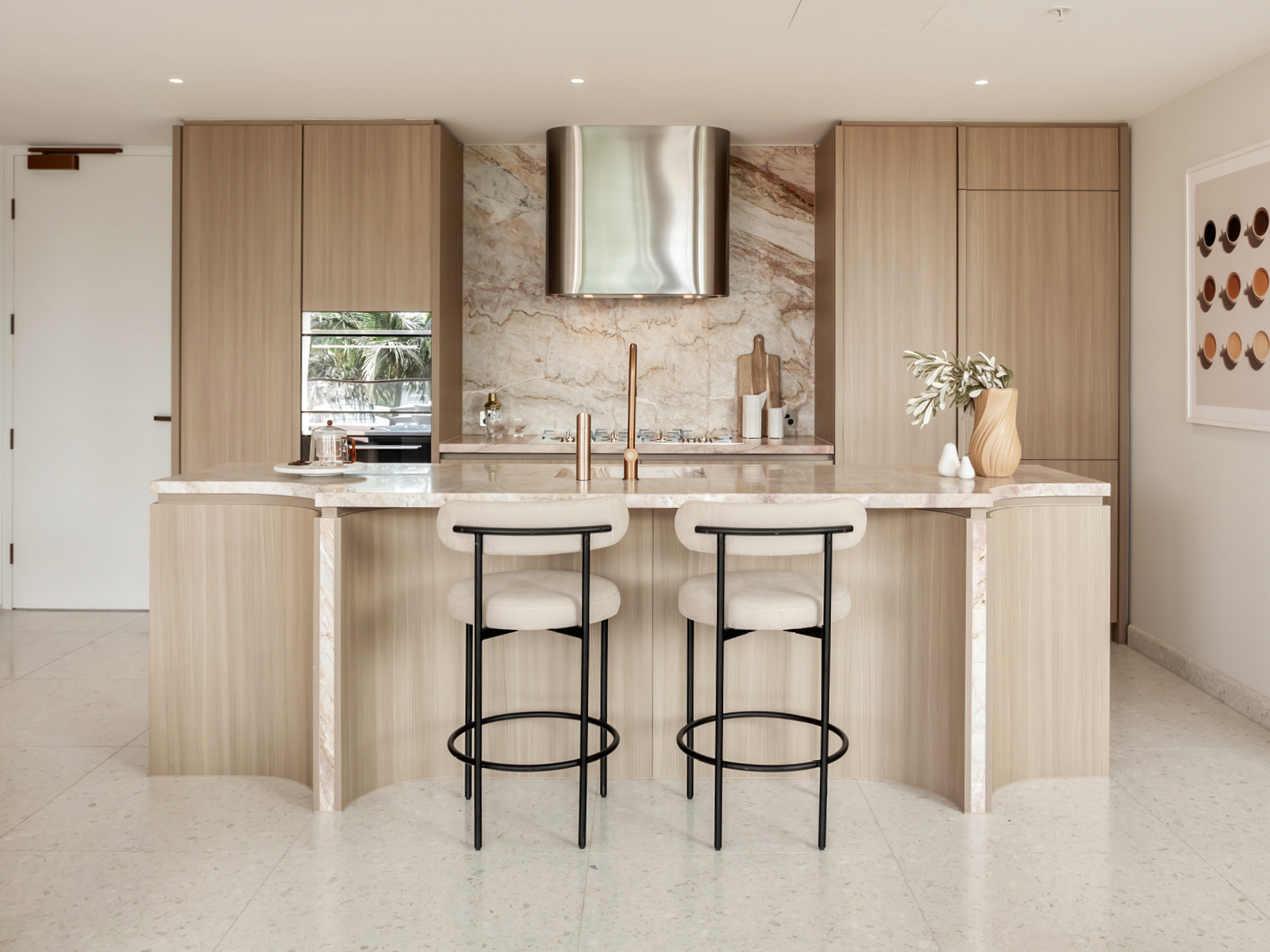 Kitchen island with marble waterfall benchtop