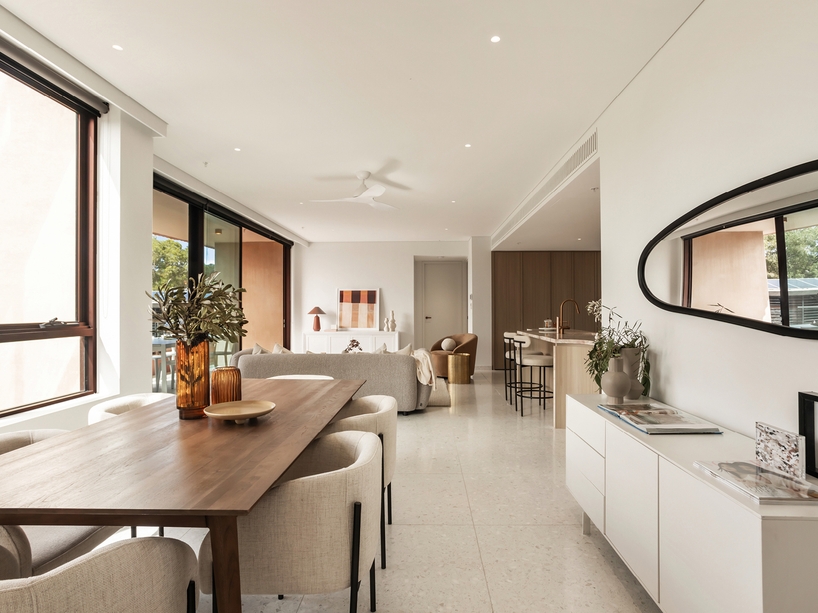 Open plan dining and kitchen with premium finishes