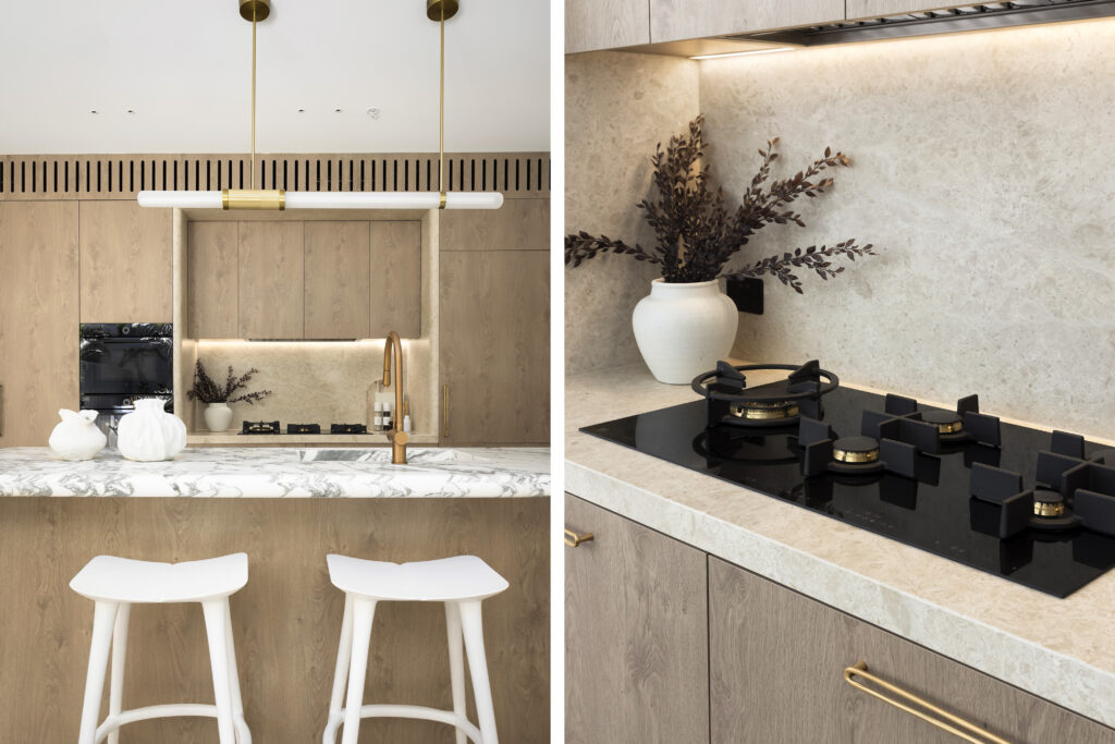 modern kitchen marble benchtop timber joinery brass pendant everose