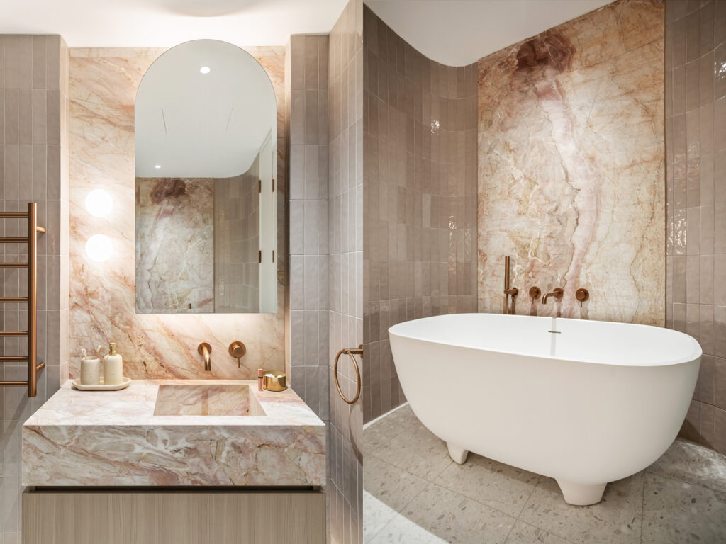 modern marble bathroom freestanding bath bronze fixtures dwell