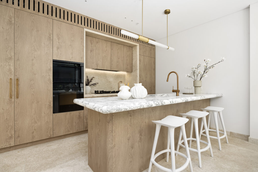 timber kitchen marble waterfall island white bar stools everose